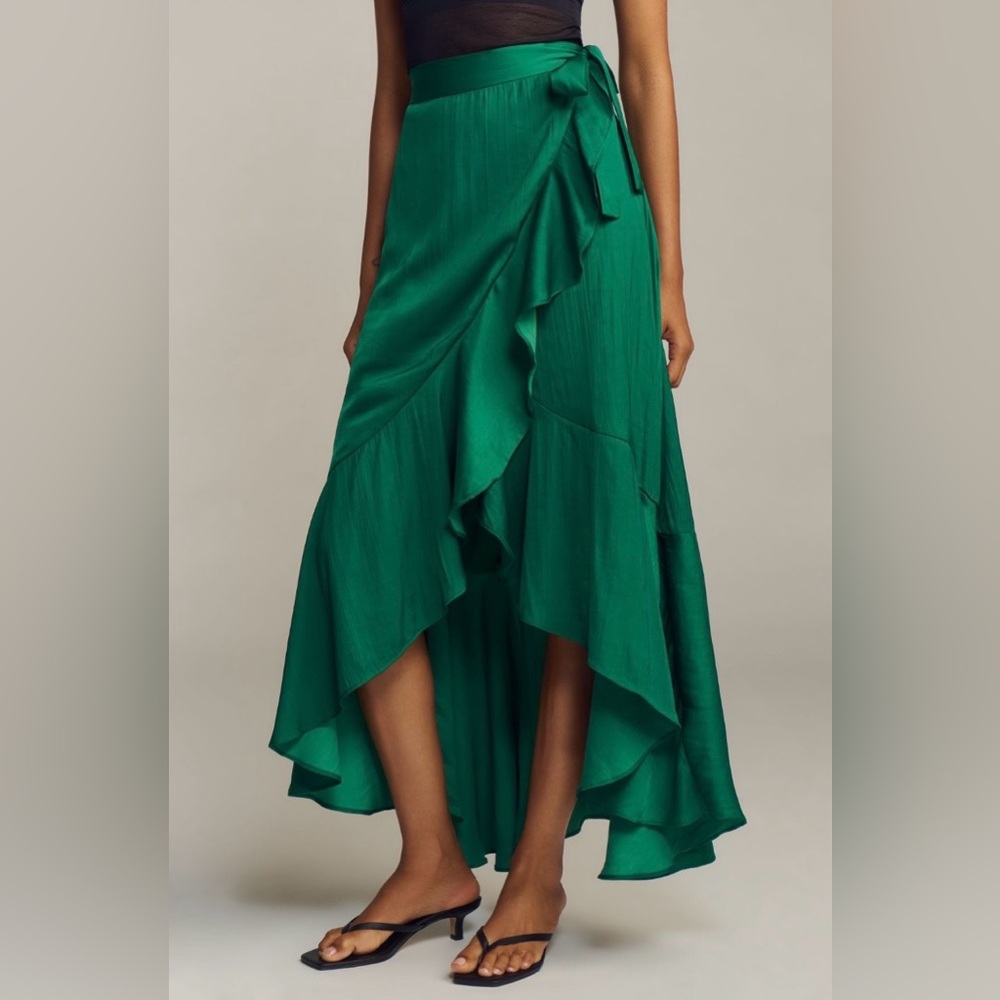 Anthropologie Maeve Ruffled Wrap Green Maxi Skirt Medium NWT